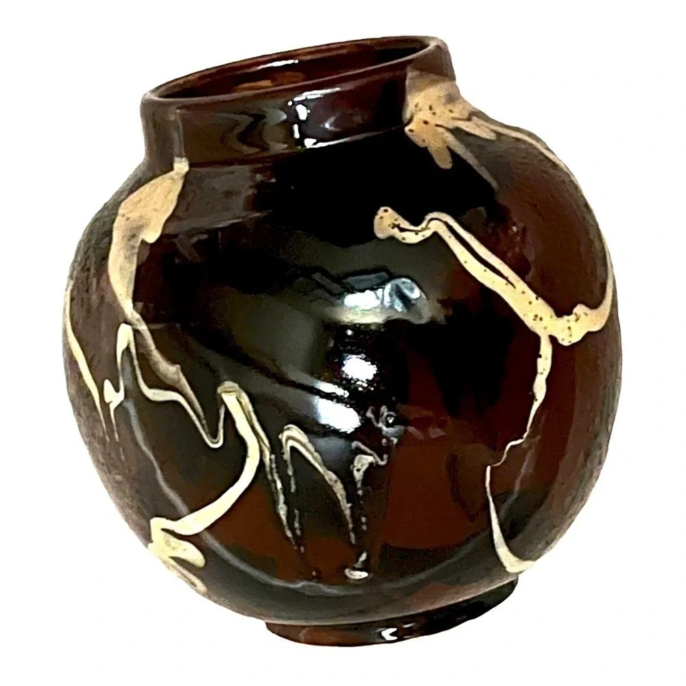 Vietri round terracotta glazed vase brown black tan collection modern Italy 6”.